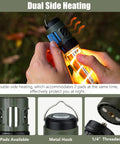 Hands holding Portable LED Lantern And Flashlight Combo with dual heating feature glowing orange for campsite use.
