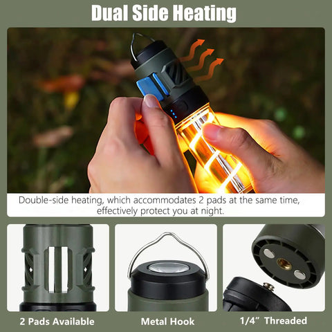 Hands holding Portable LED Lantern And Flashlight Combo with dual heating feature glowing orange for campsite use.