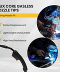 Cool 18 Piece Mig Welding Torch Kit For M6 Mb15 Ak15 Nozzle Gas Diffuser Shield Cup And Contact Tips.030 And.045 Inches, showcasing nozzle tips and welding action.