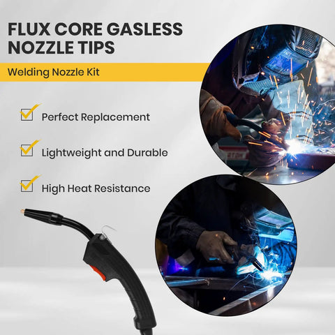 Cool 18 Piece Mig Welding Torch Kit For M6 Mb15 Ak15 Nozzle Gas Diffuser Shield Cup And Contact Tips.030 And.045 Inches, showcasing nozzle tips and welding action.
