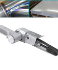 Compact Mini Air Belt Sander With Variable Speed Pneumatic Angled Grip Includes Two Sanding Belts in silver metal finish.