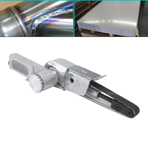 Compact Mini Air Belt Sander With Variable Speed Pneumatic Angled Grip Includes Two Sanding Belts in silver metal finish.