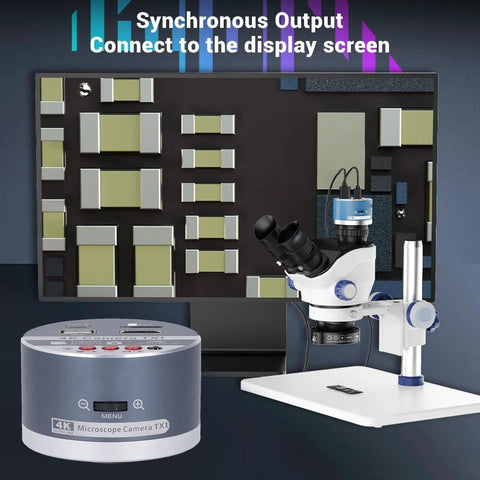 4K Compact Microscope Camera With 8X Magnification, CS Lens Mount, HD Video Output, remote control displayed with microscope setup