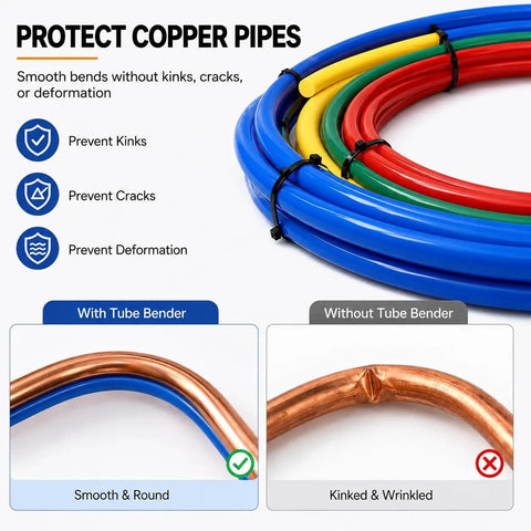 No Sweat Copper Tube Bender Kit With Color Coded Bending Strips For Quarter Inch To Five Eighth Inch HVAC Piping with smooth vs kinked pipes