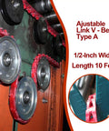 Power Twist Adjustable V Belt 1/2 Inch Wide, 10 Feet Long displayed with belt pulleys on woodworking machine.