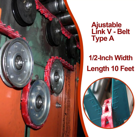 Power Twist Adjustable V Belt 1/2 Inch Wide, 10 Feet Long displayed with belt pulleys on woodworking machine.