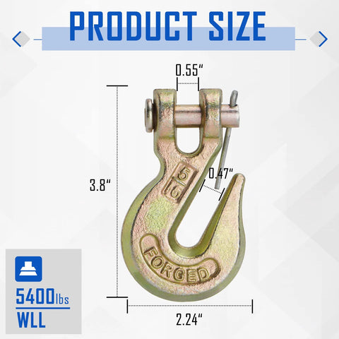 Front view of SPARKWHIZ 5/16 in clevis grab hook, forged steel, 5400 lb WLL, 10-pack