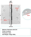 Diagram of Beefy Heavy Duty 4 Pack Square Door Hinges, 5 Inch, 201 Stainless Steel Ball Bearing with measurements and brushed finish