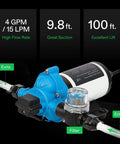 Boss Level High Flow 115VAC Diaphragm Water Pump With Strainer 4 GPM 45 PSI showing flow directions and specifications
