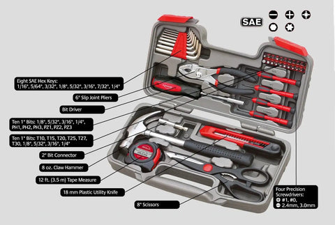 Open Must Have 39 Piece Home Tool Kit With Sturdy Toolbox Case For Quick Home Repairs Picture Hanging Screw Tightening Basic DIY Projects Everyday Hand Tools Compact Portable Set For Everyday Tasks And Crafts showing tools in red case