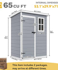 5x3 Ft Outdoor Storage Shed With Floor All Weather Resin Construction Window And Lockable Door Waterproof Plastic Tool Storage For Garden Patio Gray Durable with dimensions and packaging details.