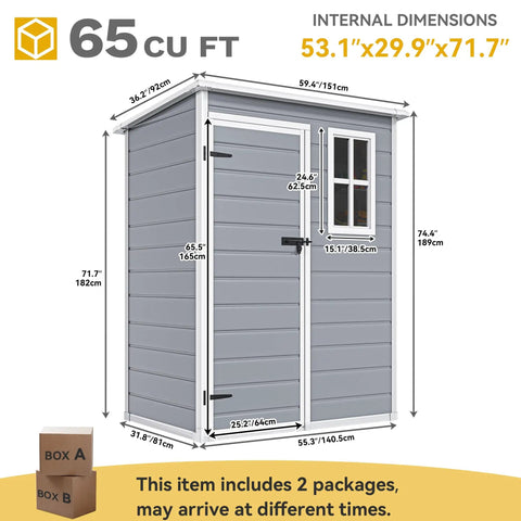 5x3 Ft Outdoor Storage Shed With Floor All Weather Resin Construction Window And Lockable Door Waterproof Plastic Tool Storage For Garden Patio Gray Durable with dimensions and packaging details.