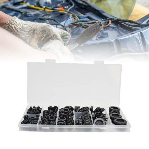 170 Piece Rubber Grommets Kit With Heatproof And Wearproof Protection For Auto, Plumbing, And Wires, Includes Divided Storage Case, Low Profile Grommets For Tight Spaces, Garage Ready Protection For Holes And Cables From Sharp Edges. Black rubber grommets in divided case