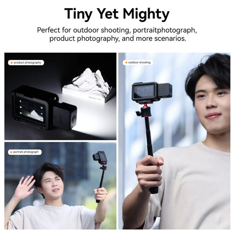 Dope Mini LED Vlogging Light For Action Cameras With 12 LEDs, compact and portable, used for outdoor and product photography.