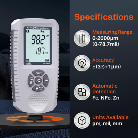 Car Paint Thickness Gauge With Automatic Ferrous Non-Ferrous And Galvanized Coating Detection, 0-2000 Micrometers For Steel And Aluminum Car Panels, Fast Accurate Readings And Easy Substrate Recognition on screen