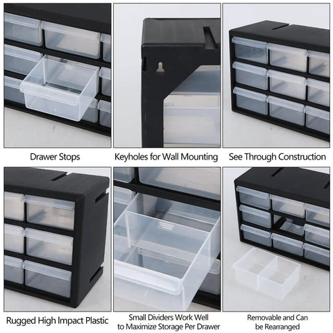 Nine Drawer Plastic Storage Cabinet For Tools, Hardware, And Craft Supplies, Pro Grade Organizer shown in multiple views
