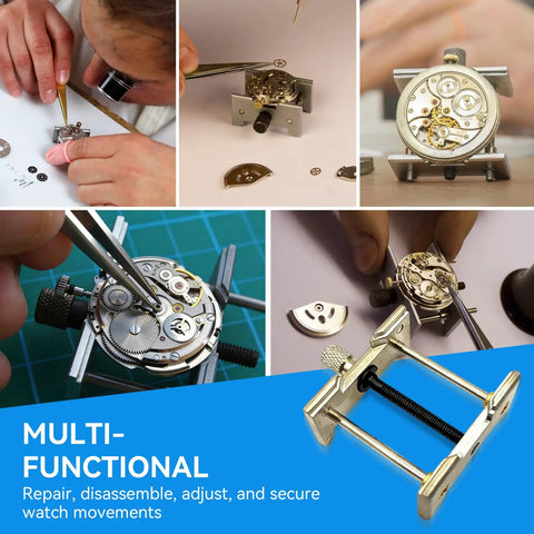 Aluminum Alloy Watch Movement Holder Kit, Pro Grade Repair Base For Removing, Adjusting, And Fixing Movements, tools in use