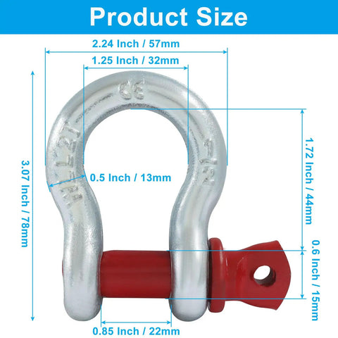 Two Pack Half Inch D Ring Shackles, 2 Ton Galvanized Screw Pin Anchor Shackles For Vehicle Recovery, Rigging, Towing And Heavy Lifting, Built Tough And Corrosion Resistant Zinc Plated. Size diagram of 1/2 inch galvanized D-ring shackle
