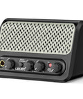 Portable 10W Bluetooth Guitar Amp With Built In Drum Machine Featuring 30 Patterns Clean And Drive Channel Reverb Rechargeable Battery Ultra Compact Practice Amp For Home Studio Or On The Go Jams in black with control knobs view.