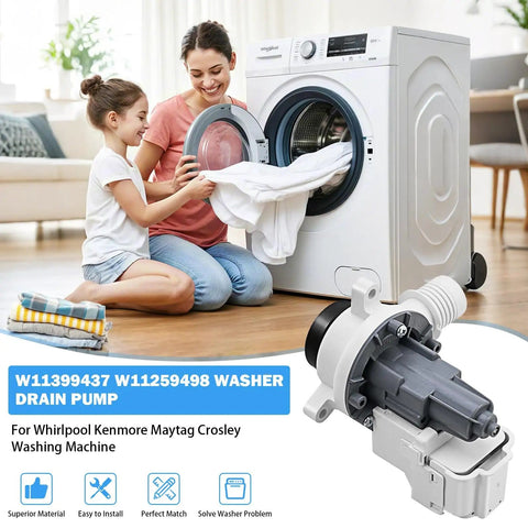 Mother and daughter loading laundry with Direct Fit Washer Drain Pump Replacement For W11399437 W11259498 alongside washing machine