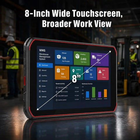 Tough As Nails Eight Inch Rugged Android Tablet With Integrated 1D 2D Barcode Scanner displaying warehouse management system dashboard.
