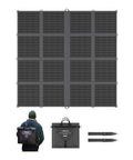Dead Simple 400W Portable Solar Panel Blanket With N-Type Cells, compact, shown folded with a user and accessories.