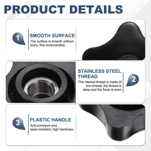 Black 2 Pack Star Clamping Knobs Featuring Fluted Grips 3 8 24 Unf Threads Made From Solid Plastic And Reinforced Iron Insert details of smooth surface and stainless steel thread.