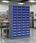 Front view of Heavy Duty 48 Drawer Steel Parts Cabinet With Abs Drawers And Clear Labels For Screws Bolts Nuts Tools And Small Parts in a workshop