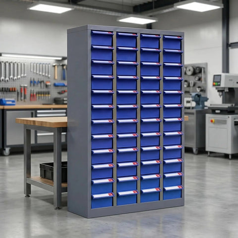 Front view of Heavy Duty 48 Drawer Steel Parts Cabinet With Abs Drawers And Clear Labels For Screws Bolts Nuts Tools And Small Parts in a workshop