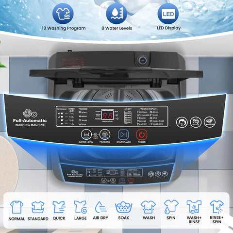 Smooth Operation Compact Portable Washer With Fast Drain Pump And Twenty Pound Laundry Capacity In Classic Gray showing control panel with 10 washing programs.