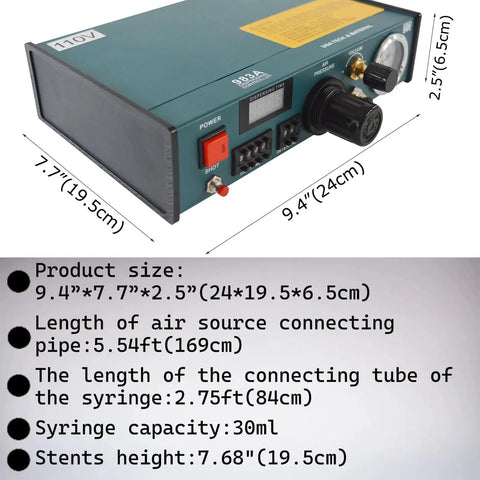 110V Semi Automatic Glue Dispenser with Digital Display 983A showing dimensions and specifications for electronics assembly