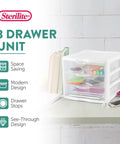 4 Pack 3 Drawer Stackable Plastic Organizer With Drawers White Frame Go To Countertop Storage Solution For Office Supplies Craft Rooms Classrooms And Home Organization on countertop with stationery inside