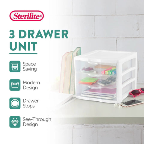 4 Pack 3 Drawer Stackable Plastic Organizer With Drawers White Frame Go To Countertop Storage Solution For Office Supplies Craft Rooms Classrooms And Home Organization on countertop with stationery inside