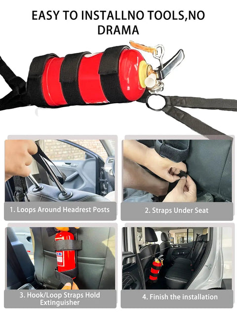Two Pack Universal Car Fire Extinguisher Bracket And Mount Strap showing installation on different car seat positions.