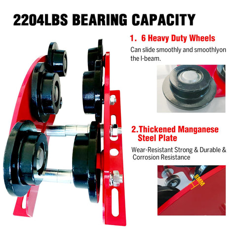 Heavy Duty 6 Wheel Manual Trolley for I-Beam 1 Ton Load, geared push overhead cart with adjustable flange