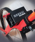 Close-up of the digital counter on the Top Tier Metric Measuring Wheel Featuring A Smooth Belt Driven Counter And Heavy Duty Rubber Tire For Rock Solid Linear Measurements On Rough Job Sites Compact Fluorescent Red Build.
