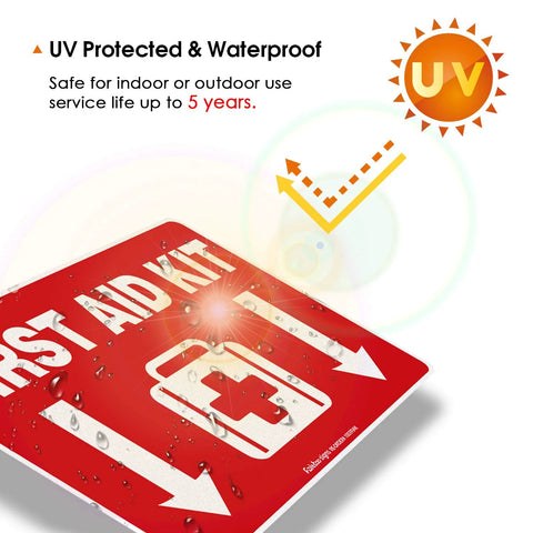 Front view of red 10x7 inch first aid kit vinyl decal with white cross and arrows; UV protected, waterproof.