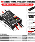 Brushless ESC with specs for SCX24 scale RC crawler, featuring JST battery connector, signal cable, and banana plug motor connector.