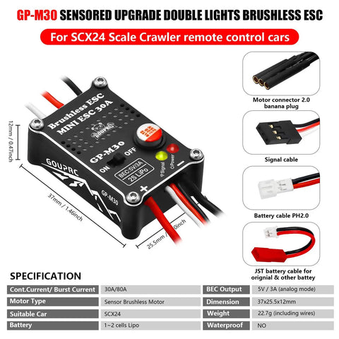 Brushless ESC with specs for SCX24 scale RC crawler, featuring JST battery connector, signal cable, and banana plug motor connector.