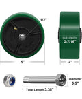 Side and front view of 5 Inch By 2 Inch Heavy Duty Caster Wheels Set Of Four With Polyurethane On Cast Iron Wheel For Cart