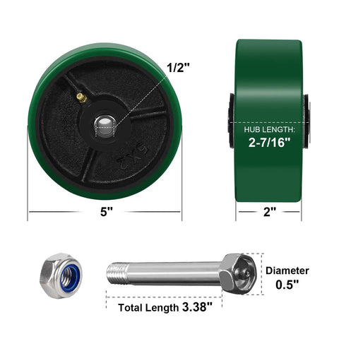Side and front view of 5 Inch By 2 Inch Heavy Duty Caster Wheels Set Of Four With Polyurethane On Cast Iron Wheel For Cart