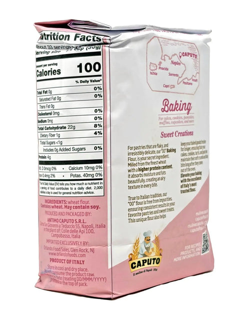 Back view of Antimo Caputo's Type 00 Pastry Flour packaging with nutrition facts, 2.2 lb, Italy-made for cakes and pastries.