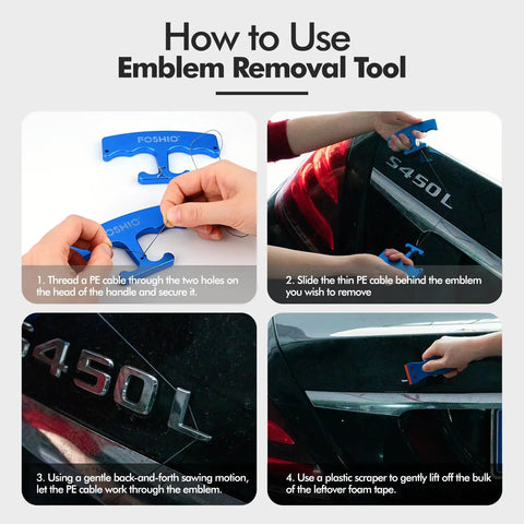 Instructions for using PlateLine Car Emblem Removal Tool Kit With Aluminum Alloy Handle And 60cm PE Cable Set on vehicle