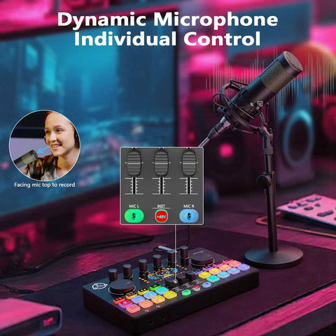 Four Person Podcast Starter Kit With Audio Interface And Four Dynamic Mics showcasing DJ mixer and microphone stand on desk.