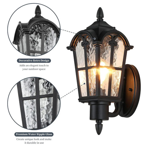 Heavy Hitter 16 Inch Large Outdoor Wall Light Fixtures Built Tough Exterior Metal Lantern Sconces with decorative water ripple glass design.
