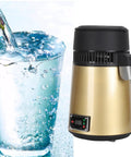 4 Liter Water Distiller With Glass Carafe And Stainless Interior Auto Shut Off Pure Drinking Water Maker For Home Office beside a glass of distilled water.