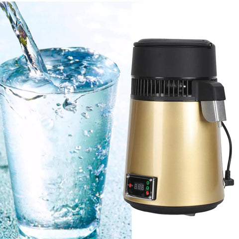 4 Liter Water Distiller With Glass Carafe And Stainless Interior Auto Shut Off Pure Drinking Water Maker For Home Office beside a glass of distilled water.