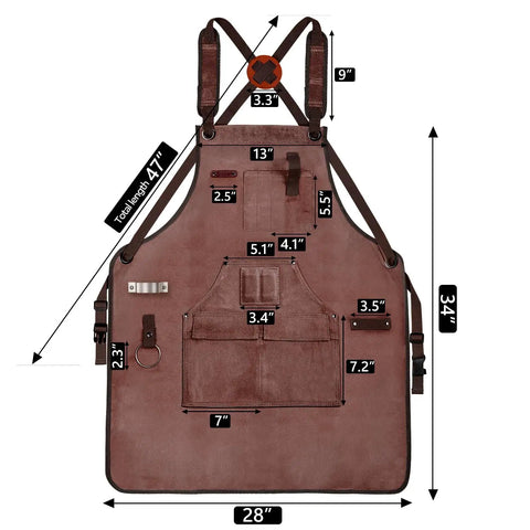 Mens Heavy Duty Canvas Shop Apron With Nine Deep Tool Pockets Water And Oil Resistant Pro Workhorse Gear dimensions and pockets layout.