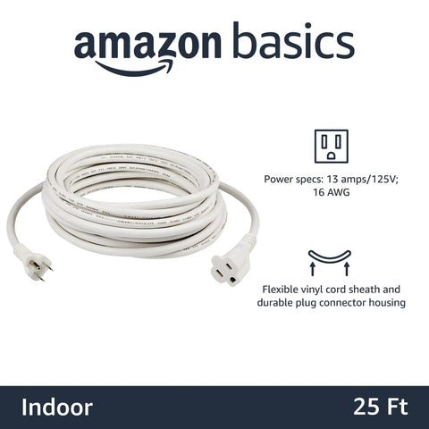 25 Foot Indoor Extension Cord 3 Prong Power Cable 13 Amp 125V White 2 Pack For Home Electronics Tools And Entertainment Gear