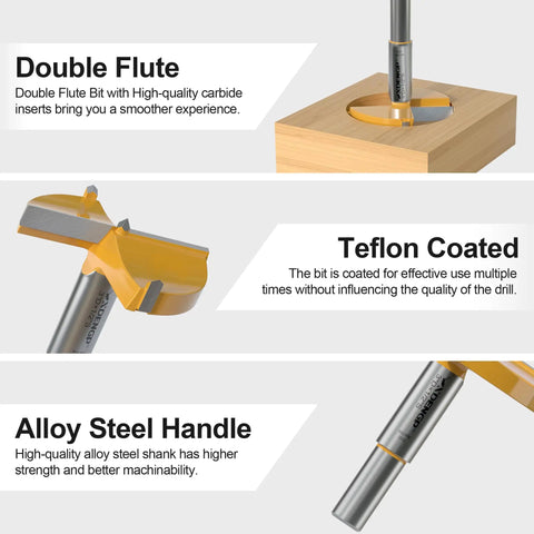 Heavy Duty Carbide Forstner Bit Set Features Sixteen Pro Woodworking Drill Bits for double flute design with alloy steel handle.